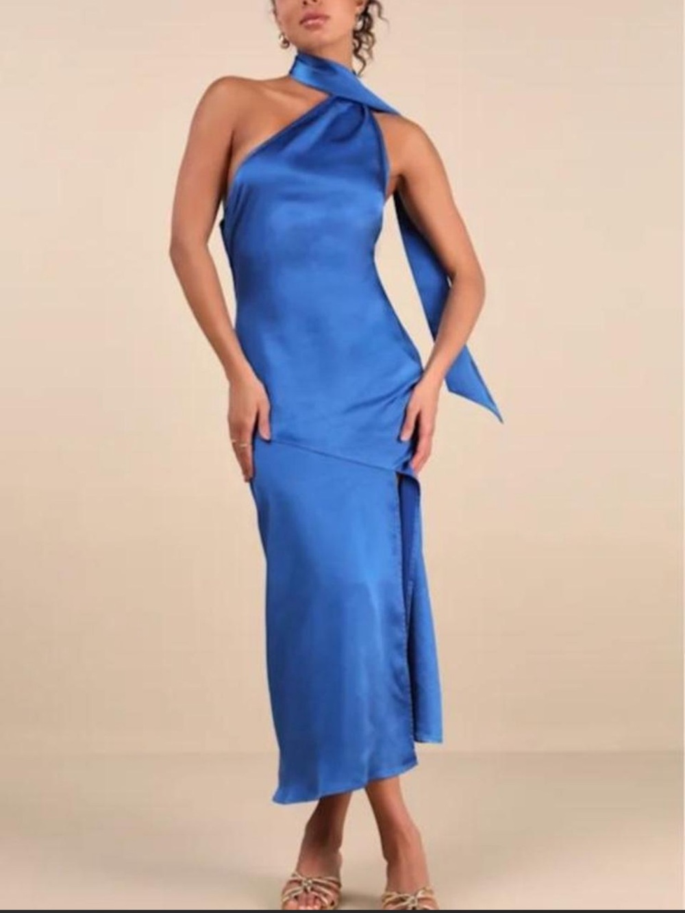 Lulu's Electric Blue One-Shoulder Satin Midi Dress